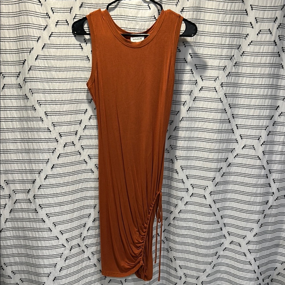 Rust Midi Dress with Ruched Detail